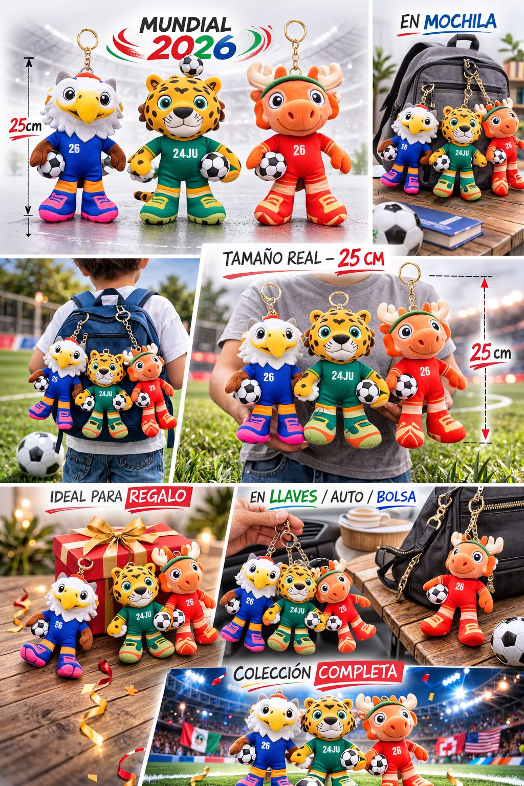🧸 Mascotas Peluche Mundial 2026 – Set 3 Piezas (25 cm)